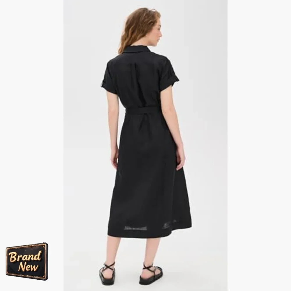 Linen Midi Shirt Dress with Button Front and Tie Waist